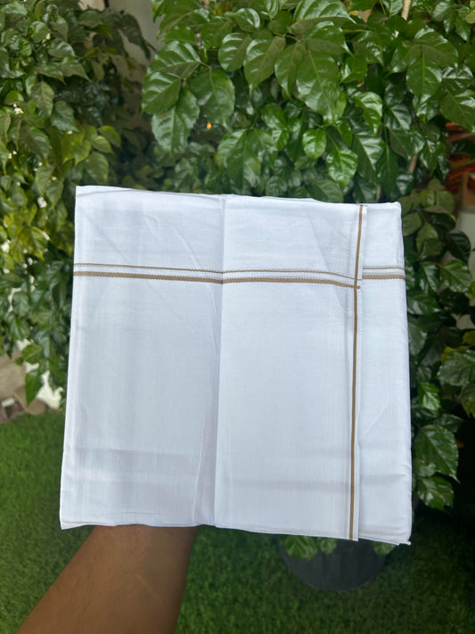 20% Discount!! New!! KaithariKada Balaramapuram 100% Cotton Pure White Double Mundu / Dhoti - (100x80)s - 0.25 inch Mustard Kara  - 89 KK5363 VIN