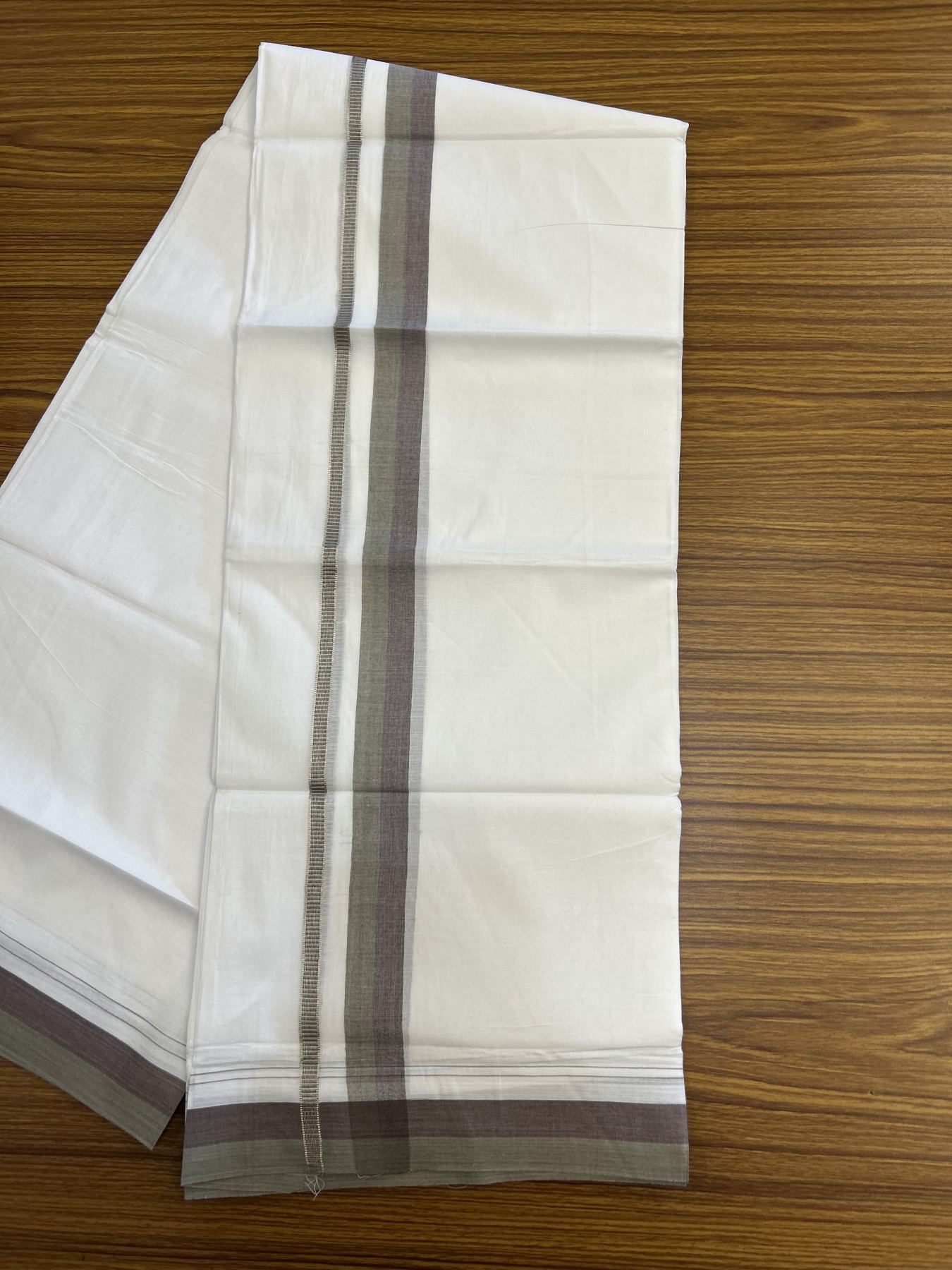 20% Discount! KaithariKada Balaramapuram 100% Cotton Double Pure white Mundu/Dhoti - 100X80 - 1.25 inch Silver Kasav Sage Green & Grape Wine shaded kara - 4 mtr ( 8.5 muzham) - 82 KK5341 VIN