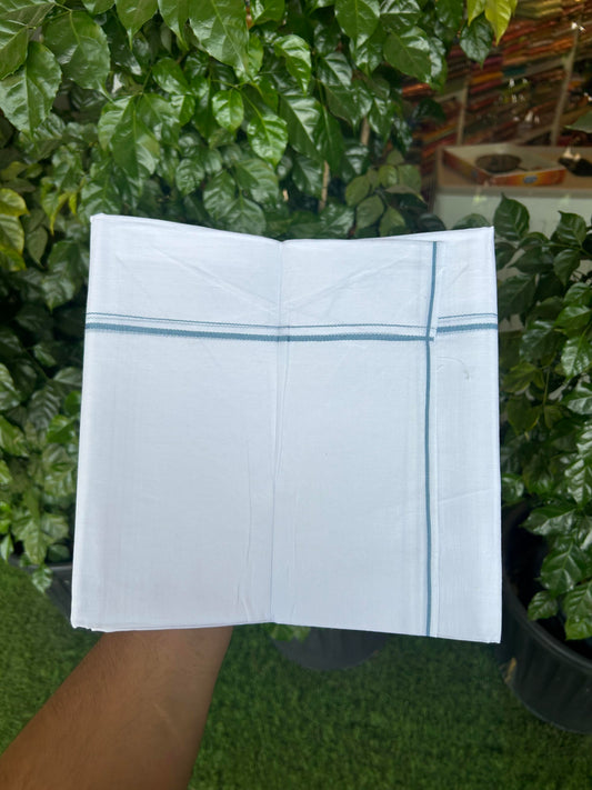 20% Discount!! New!! KaithariKada Balaramapuram 100% Cotton Pure White Double Mundu / Dhoti - (100x80)s - 0.25 inch Ash Blue Kara  - 88 KK5363 VIN