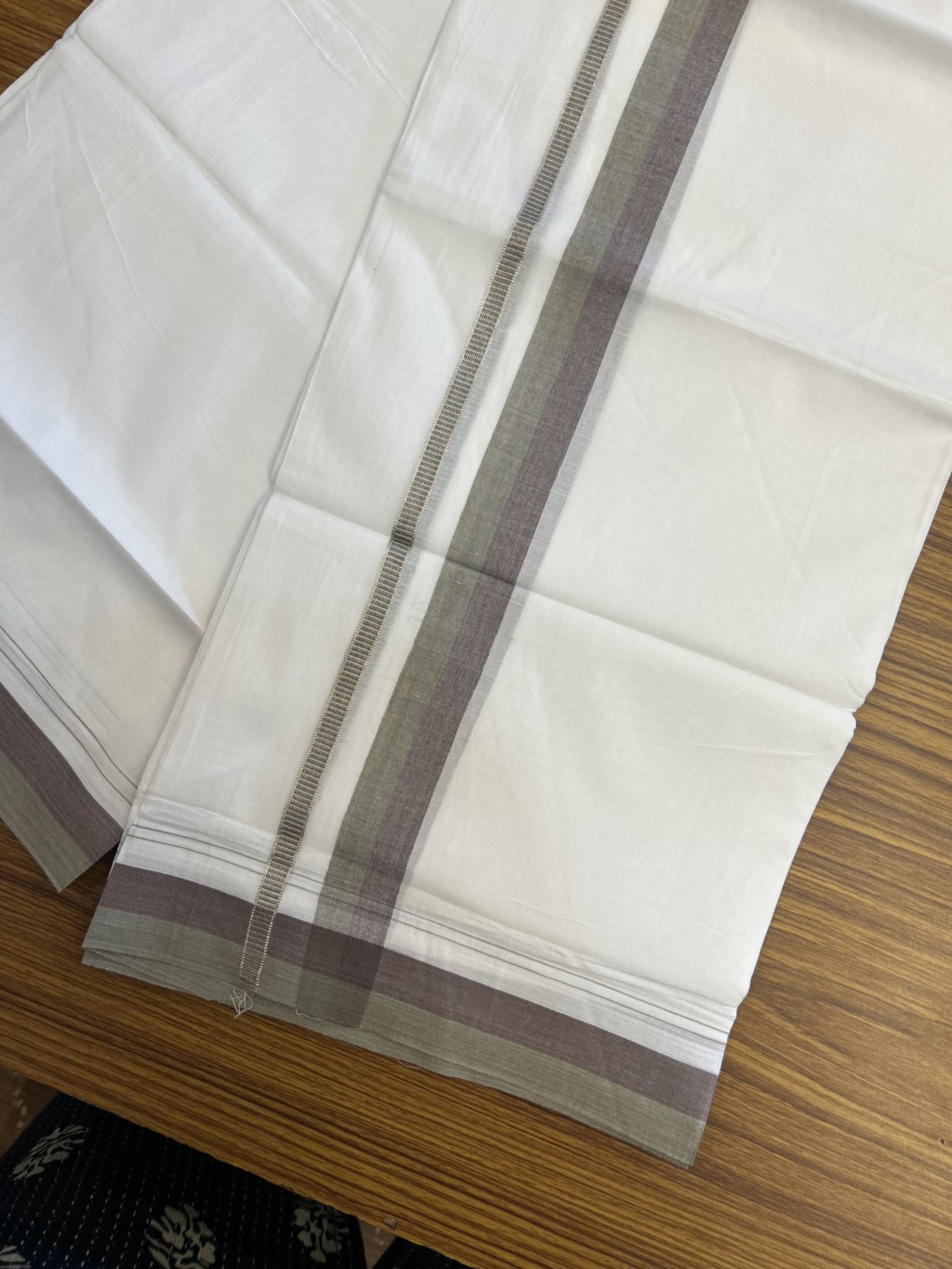 20% Discount! KaithariKada Balaramapuram 100% Cotton Double Pure white Mundu/Dhoti - 100X80 - 1.25 inch Silver Kasav Sage Green & Grape Wine shaded kara - 4 mtr ( 8.5 muzham) - 82 KK5341 VIN
