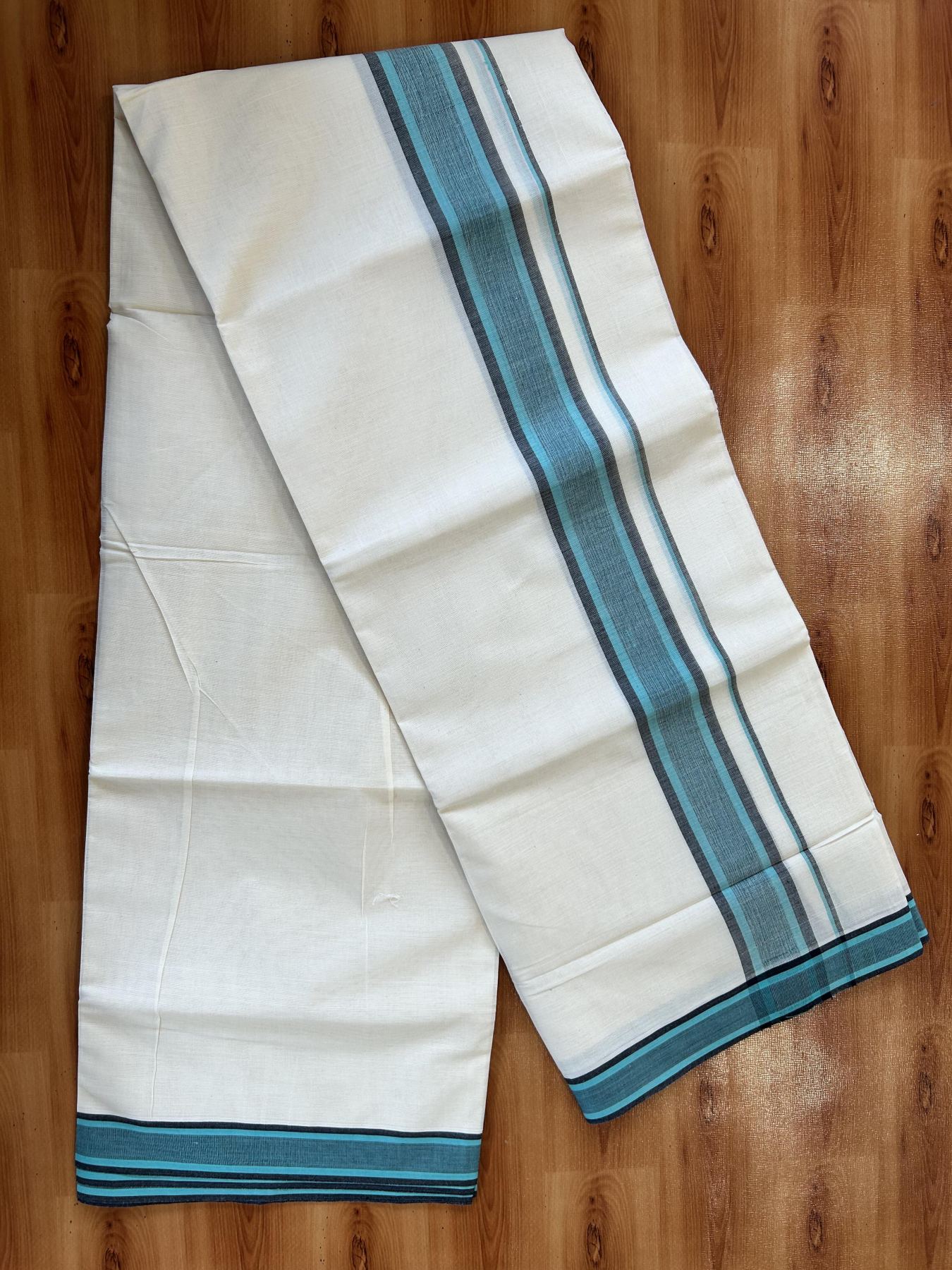 Double Off White (Unbleached) Mundu/Dhoti - 20% Discount! KaithariKada Pure Cotton - 100X80 - 2 inch Turquoise & Black Shaded Striped Kara 4 mtr (8.5 Muzham) - 69 KK5452 THI