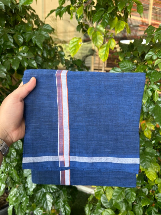10% Discount !! KaithariKada 100% Pure Cotton - HANDLOOM Single Mundu/Dhoti Dark Blue Colour Body & Light Brown White 0.75 inch Kara- (2 meter / 4 muzham)- 19 KK8032 ELA