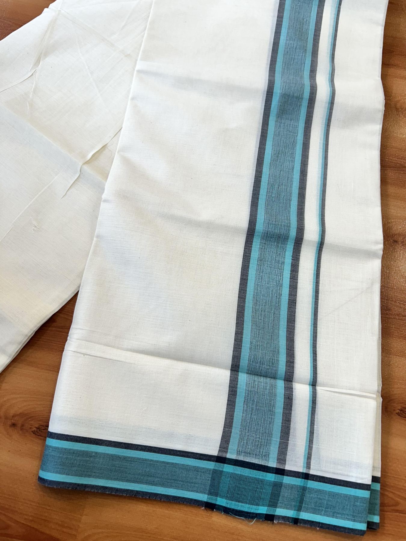 Double Off White (Unbleached) Mundu/Dhoti - 20% Discount! KaithariKada Pure Cotton - 100X80 - 2 inch Turquoise & Black Shaded Striped Kara 4 mtr (8.5 Muzham) - 69 KK5452 THI