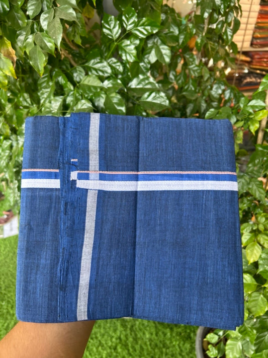 10% Discount !! KaithariKada 100% Pure Cotton - HANDLOOM Single Mundu/Dhoti Dark Blue Colour Body & Light Brown White 0.75 inch Kara- (2 meter / 4 muzham)- 18 KK8032 ELA