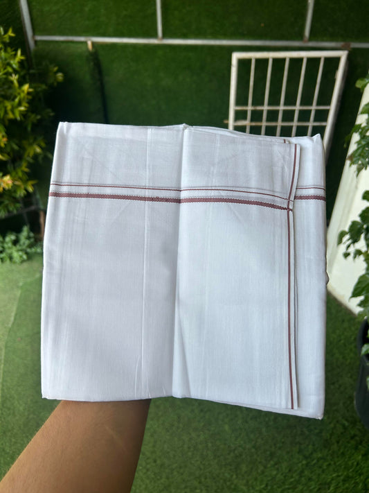 20% Discount!! New!! KaithariKada Balaramapuram 100% Cotton Pure White Double Mundu/Dhoti - (100x80)s - 0.25 inch Dusty Peach Kara  - 94 KK5363 VIN