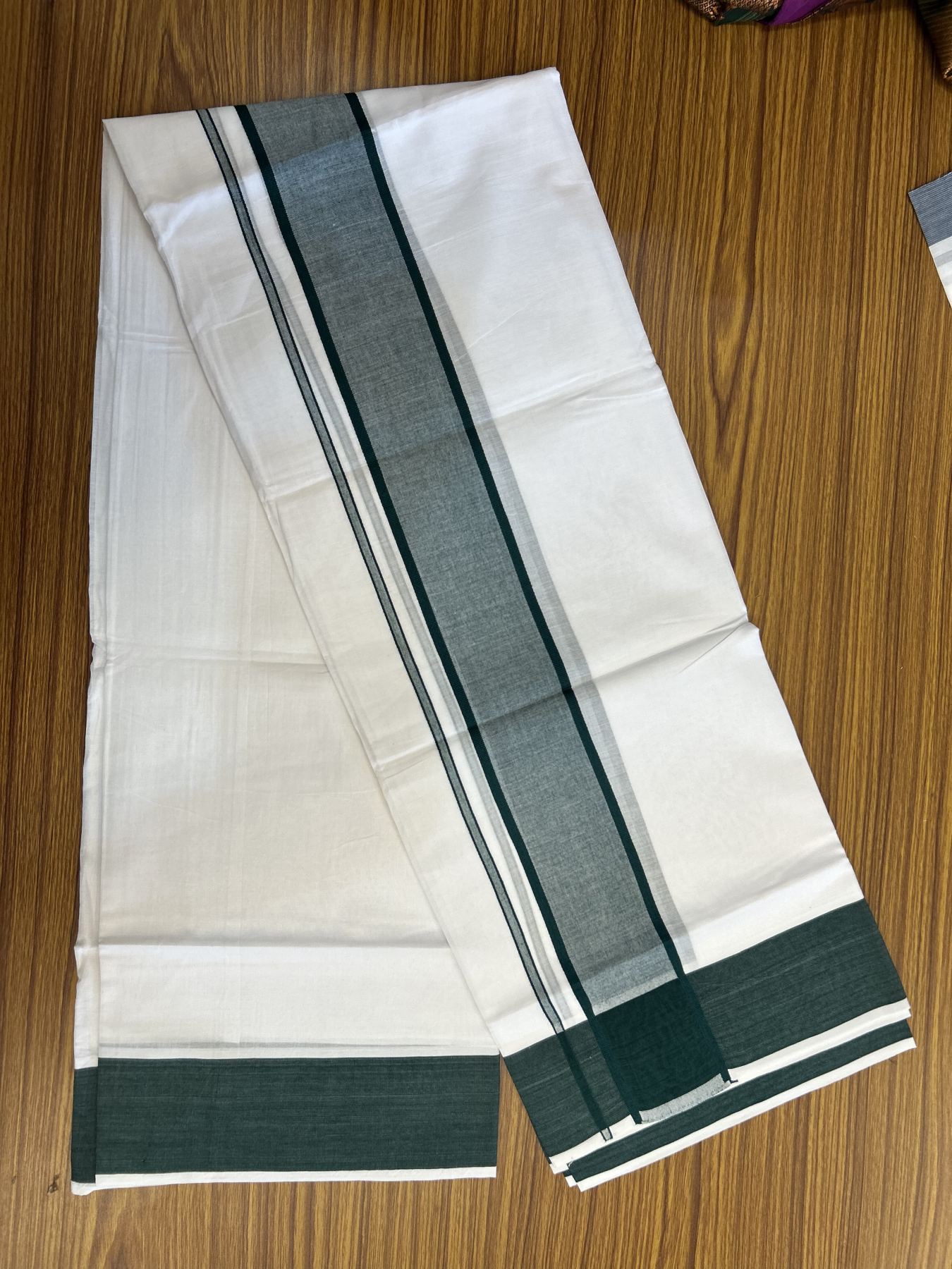 20% Discount! KaithariKada Balaramapuram 100% Cotton Double Pure white Mundu/Dhoti- 100X80 - 2.25 inch Green kara - 4 mtr ( 8.5 muzham) - 2 KK5341 VIN