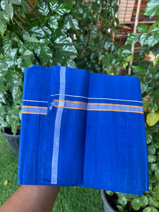 10% Discount !! KaithariKada 100% Pure Cotton - HANDLOOM Single Mundu/Dhoti Blue Colour Body & Orange 0.5 inch Kara- (2 meter / 4 muzham)- 13 KK8032 ELA