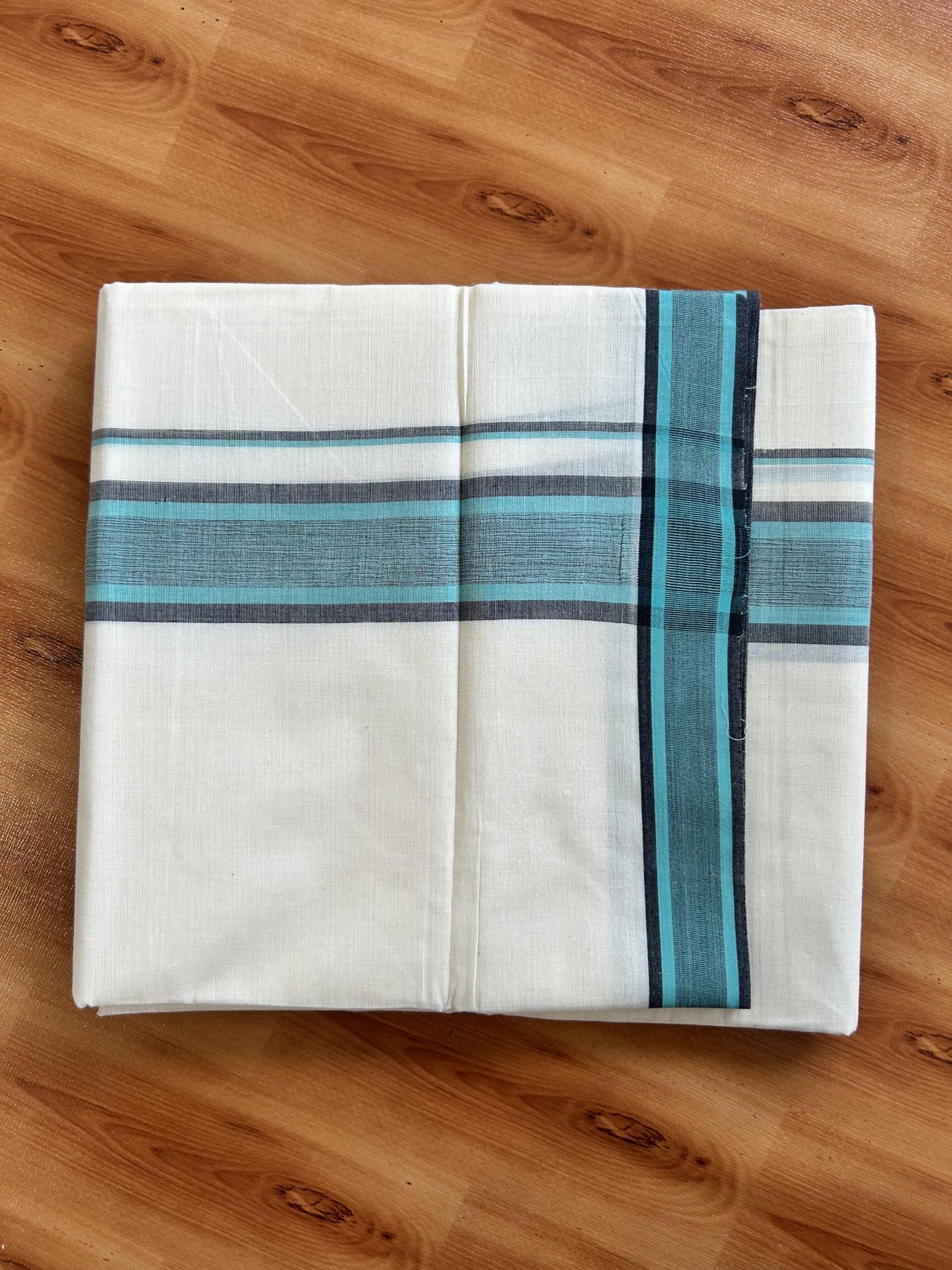 Double Off White (Unbleached) Mundu/Dhoti - 20% Discount! KaithariKada Pure Cotton - 100X80 - 2 inch Turquoise & Black Shaded Striped Kara 4 mtr (8.5 Muzham) - 69 KK5452 THI