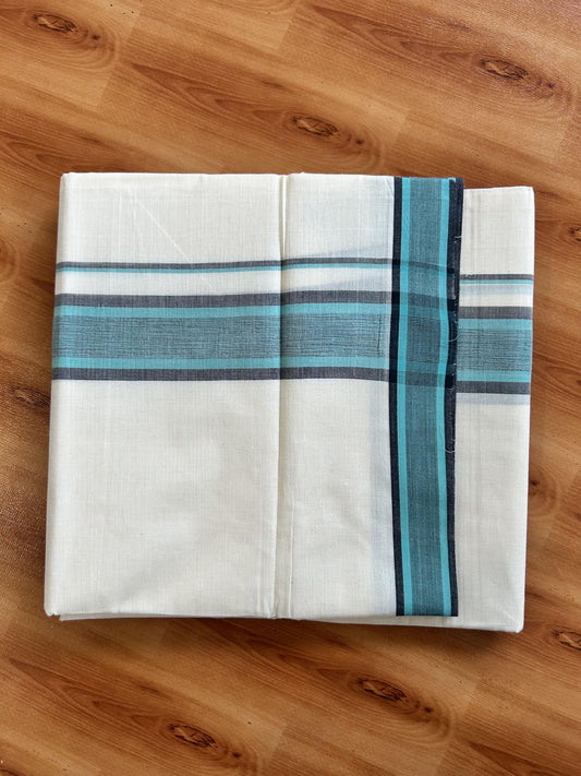 Double Off White (Unbleached) Mundu/Dhoti - 20% Discount! KaithariKada Pure Cotton - 100X80 - 2 inch Turquoise & Black Shaded Striped Kara 4 mtr (8.5 Muzham) - 69 KK5452 THI