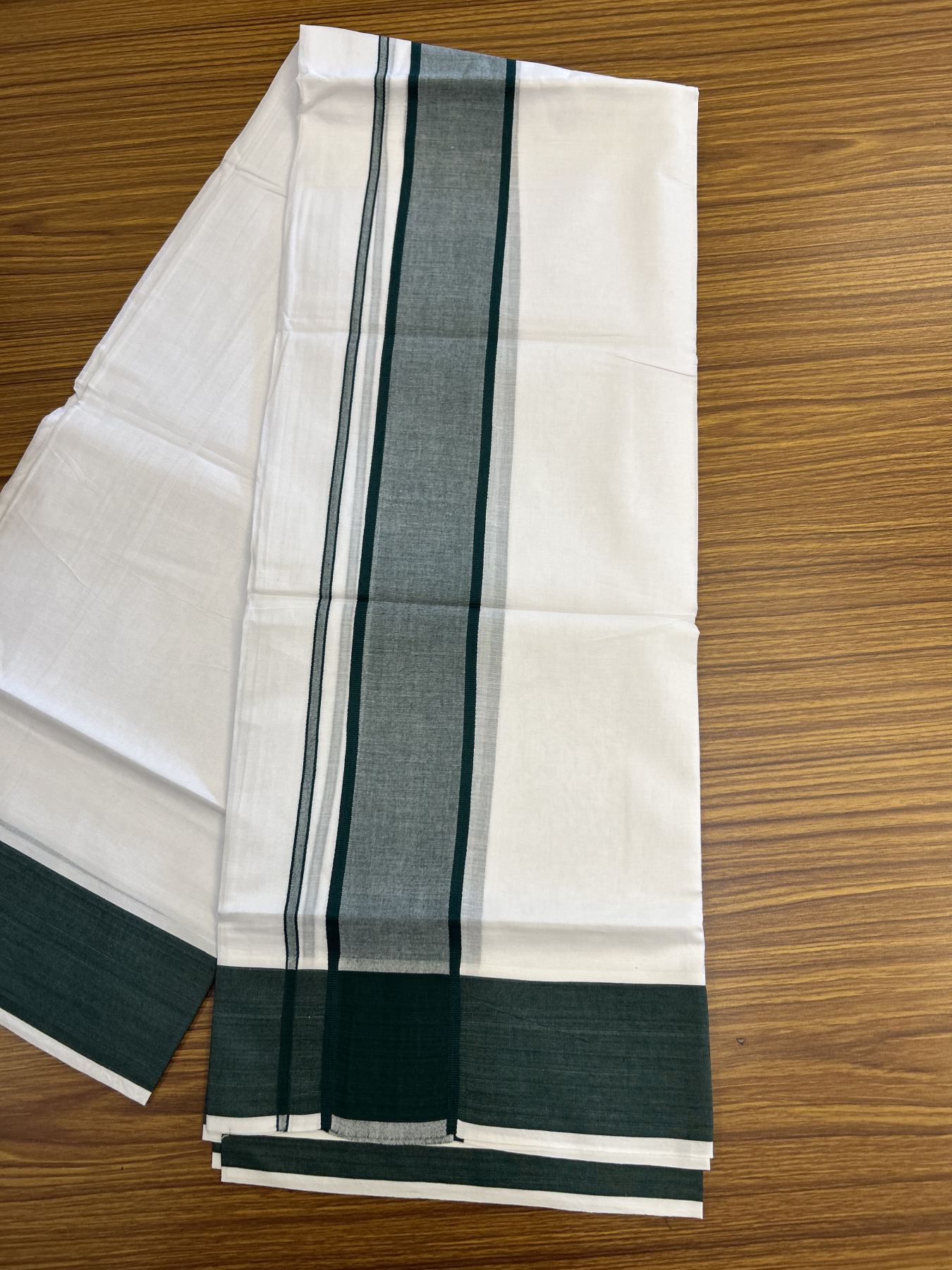 20% Discount! KaithariKada Balaramapuram 100% Cotton Double Pure white Mundu/Dhoti- 100X80 - 2.25 inch Green kara - 4 mtr ( 8.5 muzham) - 2 KK5341 VIN