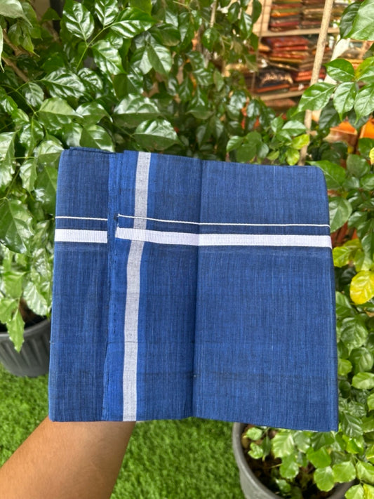 10% Discount !! KaithariKada 100% Pure Cotton - HANDLOOM Single Mundu/Dhoti Dark Blue Colour Body & White 0.5 inch Kara- (2 meter / 4 muzham)- 20 KK8032 ELA