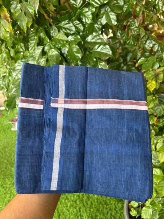 10% Discount !! KaithariKada 100% Pure Cotton - HANDLOOM Single Mundu/Dhoti Dark Blue Colour Body & Brick red White 0.75 inch Kara- (2 meter / 4 muzham)- 17 KK8032 ELA