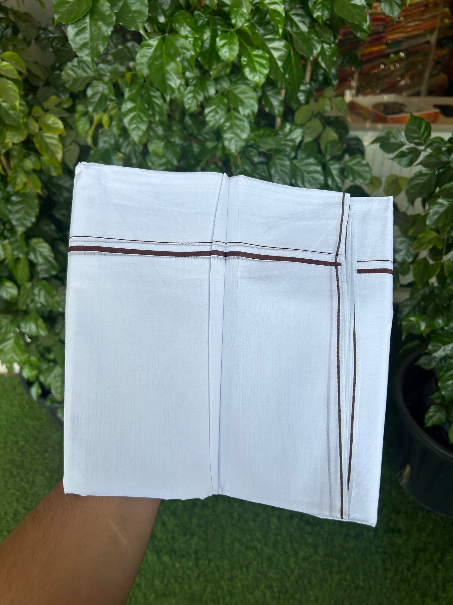 20% Discount!! New!! KaithariKada Balaramapuram 100% Cotton Pure White Double Mundu / Dhoti - (100x80)s - 0.25 inch Dark Brown Kara  - 106 KK5363 VIN