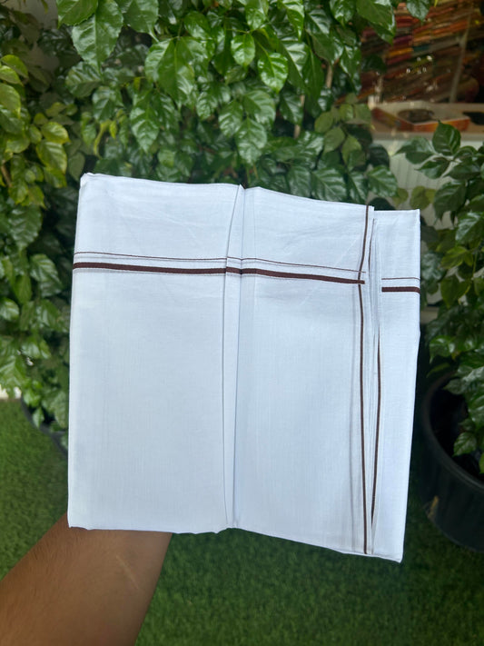 20% Discount!! New!! KaithariKada Balaramapuram 100% Cotton Pure White Double Mundu / Dhoti - (100x80)s - 0.25 inch Dark Brown Kara  - 106 KK5363 VIN