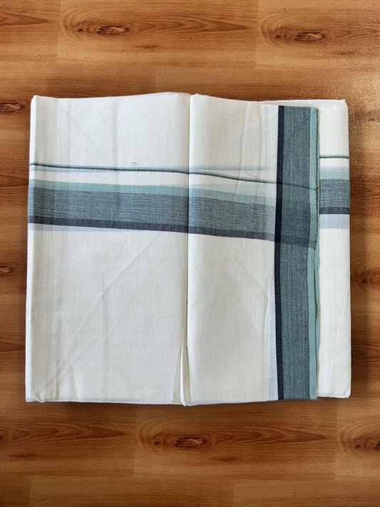 Double Off White (Unbleached) Mundu/Dhoti - 20% Discount! KaithariKada Pure Cotton - 100X80 - 1.5 inch Pista Green & Black Shaded Striped Kara 4 mtr (8.5 Muzham) - 73 KK5452 THI