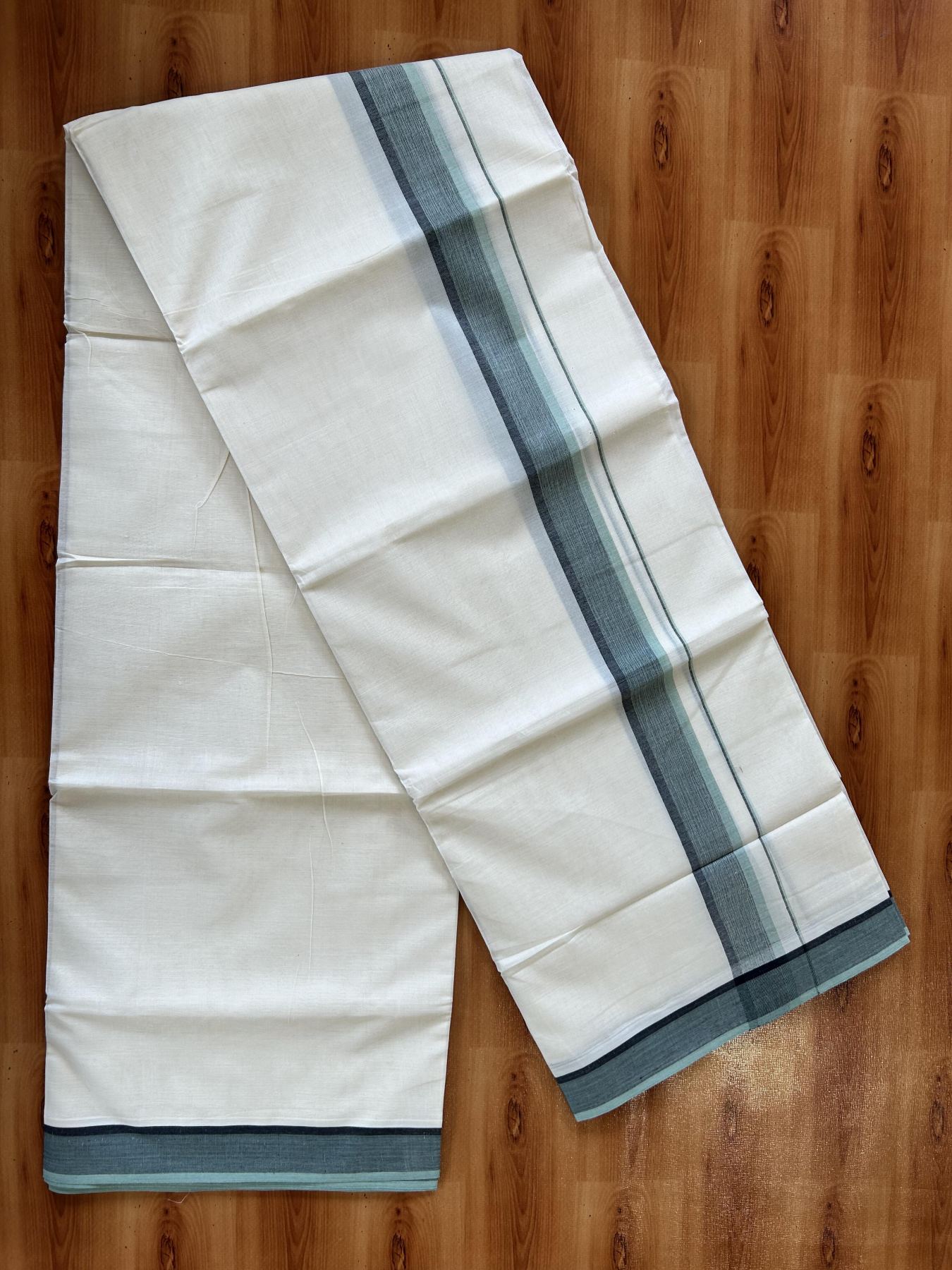 Double Off White (Unbleached) Mundu/Dhoti - 20% Discount! KaithariKada Pure Cotton - 100X80 - 1.5 inch Pista Green & Black Shaded Striped Kara 4 mtr (8.5 Muzham) - 73 KK5452 THI