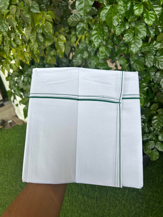 20% Discount!! New!! KaithariKada Balaramapuram 100% Cotton Pure White Double Mundu / Dhoti - (100x80)s - 0.25 inch Green Kara  - 105 KK5363 VIN