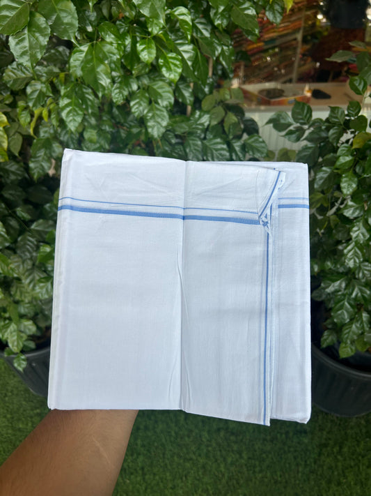 20% Discount!! New!! KaithariKada Balaramapuram 100% Cotton Pure White Double Mundu / Dhoti - (100x80)s - 0.25 inch Light Blue Kara  - 104 KK5363 VIN