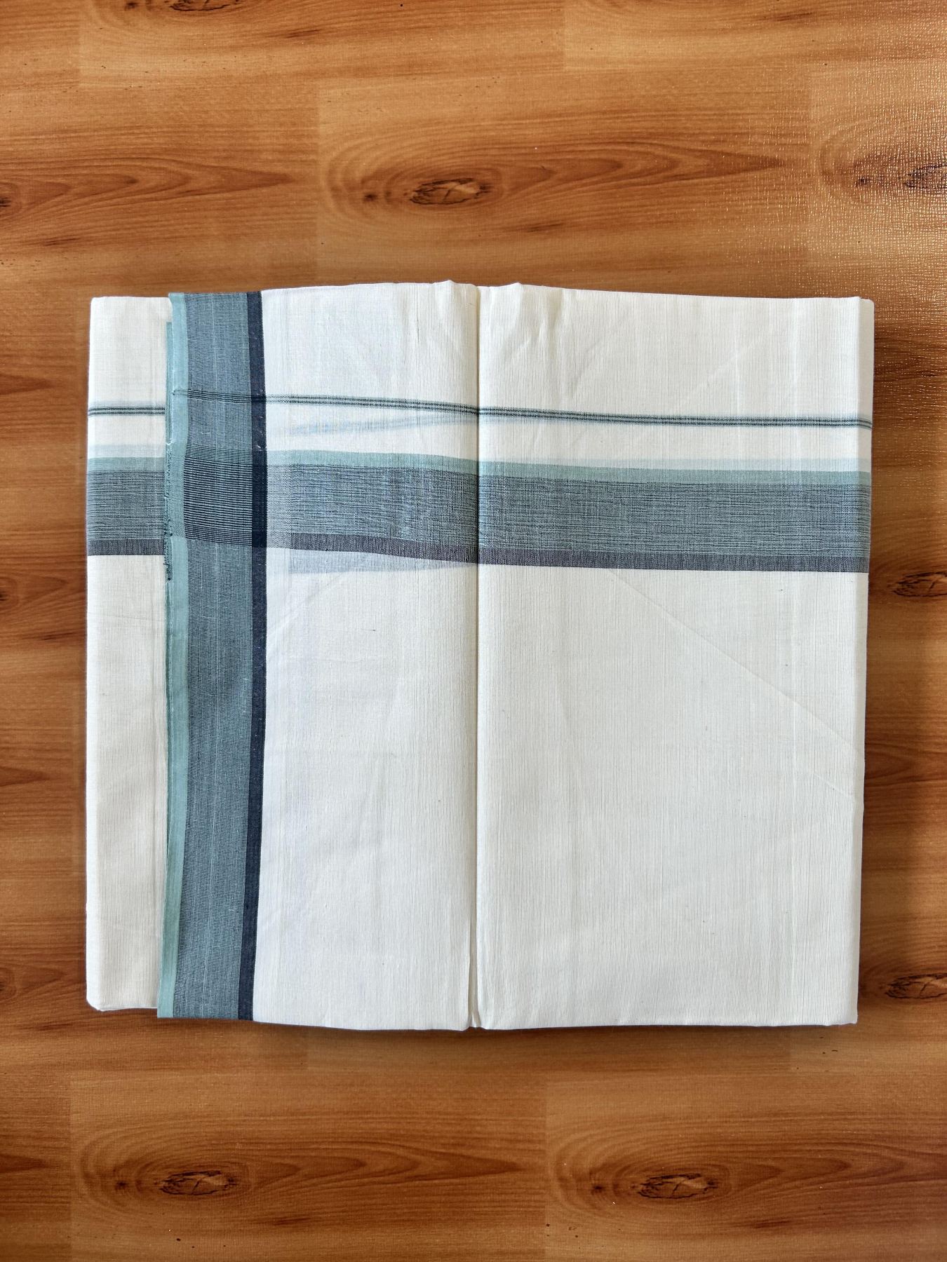 Double Off White (Unbleached) Mundu/Dhoti - 20% Discount! KaithariKada Pure Cotton - 100X80 - 1.5 inch Pista Green & Black Shaded Striped Kara 4 mtr (8.5 Muzham) - 74 KK5452 THI