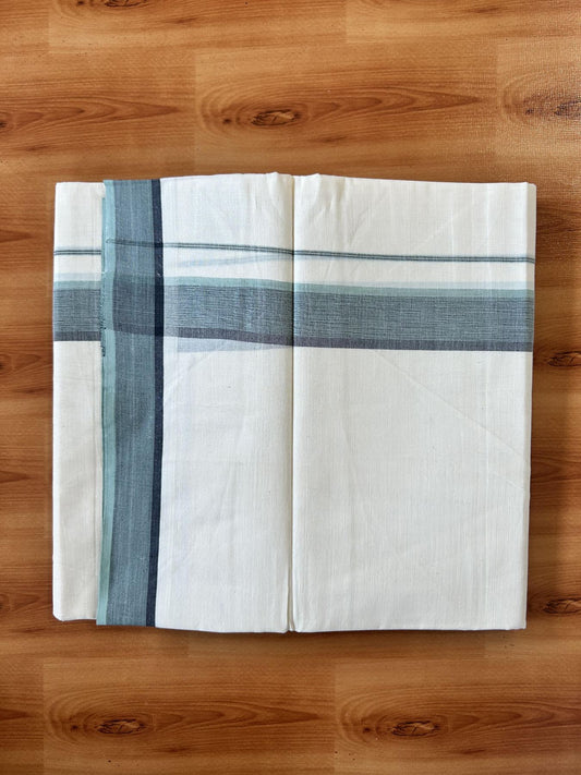 Double Off White (Unbleached) Mundu/Dhoti - 20% Discount! KaithariKada Pure Cotton - 100X80 - 1.5 inch Pista Green & Black Shaded Striped Kara 4 mtr (8.5 Muzham) - 74 KK5452 THI