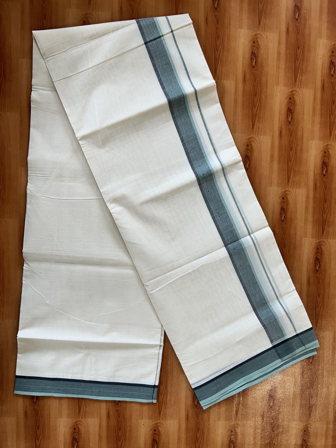 Double Off White (Unbleached) Mundu/Dhoti - 20% Discount! KaithariKada Pure Cotton - 100X80 - 1.5 inch Pista Green & Black Shaded Striped Kara 4 mtr (8.5 Muzham) - 74 KK5452 THI
