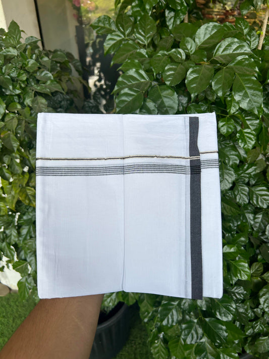20% Discount ! KaithariKada Balaramapuram 100% Cotton Pure white Double Mundu/Dhoti - 100x80 - 0.5 inch Silver Kasav & Black striped Kara Between 3.78 - 3.90 m (8 muzham) - 97 KK5363 VIN