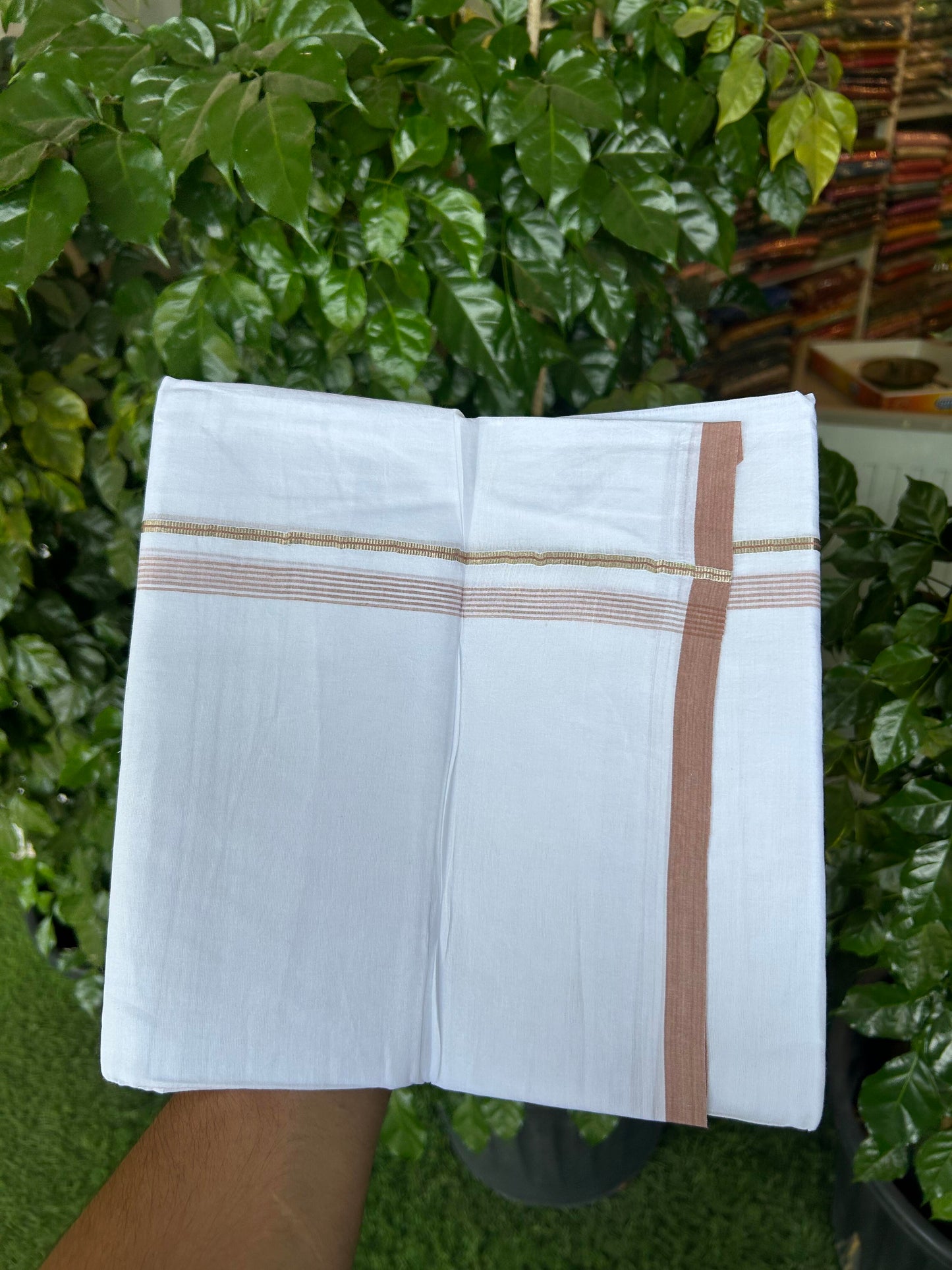 20% Discount ! KaithariKada Balaramapuram 100% Cotton Pure white Double Mundu/Dhoti - 100x80 - 0.5 inch Silver Kasav & Dusty Peach shaded striped Kara 3.78 m - 3.90 m (8 muzham) - 101 KK5363 VIN