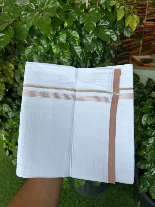 20% Discount ! KaithariKada Balaramapuram 100% Cotton Pure white Double Mundu/Dhoti - 100x80 - 0.5 inch Silver Kasav & Dusty Peach shaded striped Kara 3.78 m - 3.90 m (8 muzham) - 101 KK5363 VIN