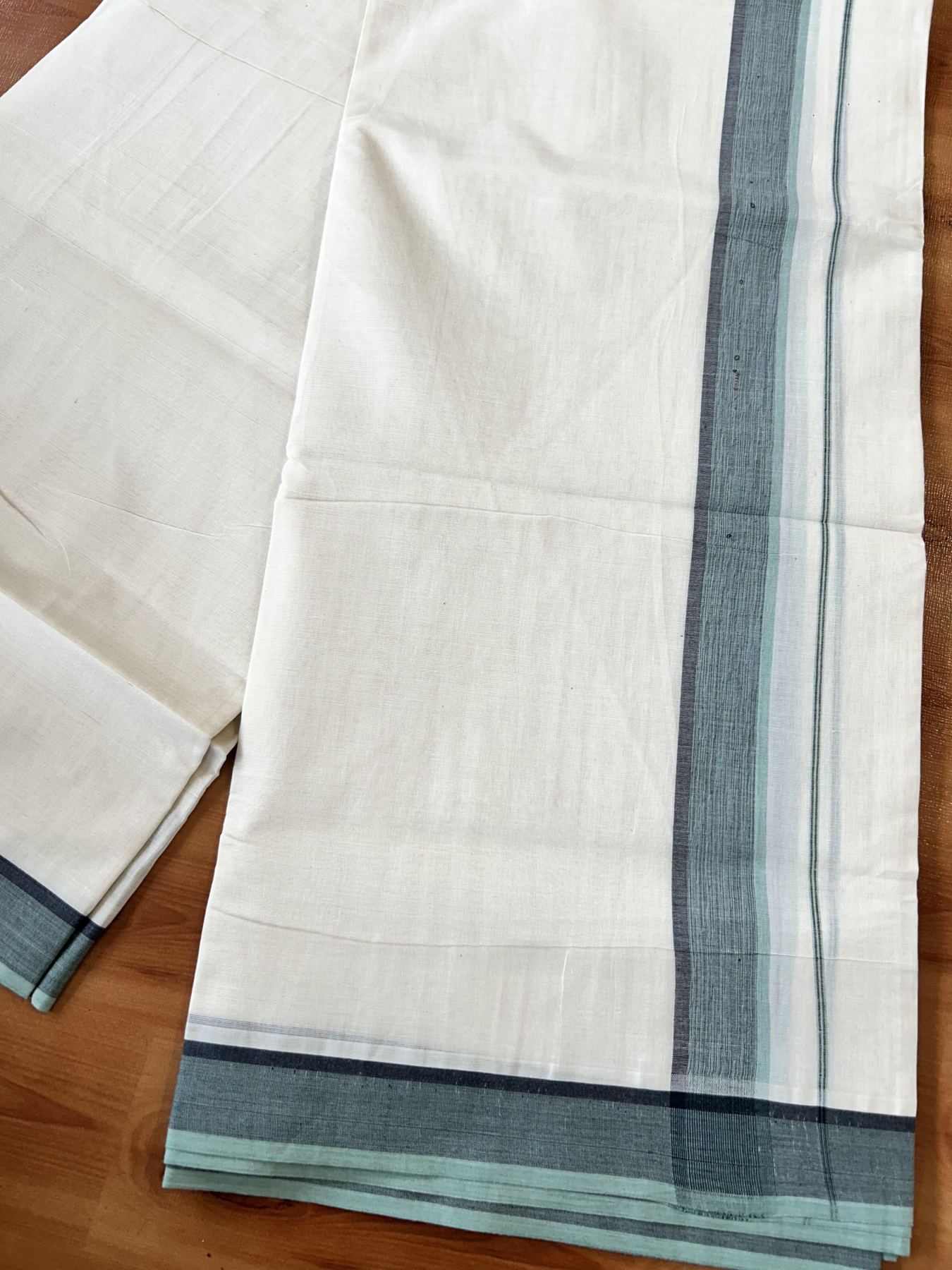 Double Off White (Unbleached) Mundu/Dhoti - 20% Discount! KaithariKada Pure Cotton - 100X80 - 1.5 inch Pista Green & Black Shaded Striped Kara 4 mtr (8.5 Muzham) - 74 KK5452 THI