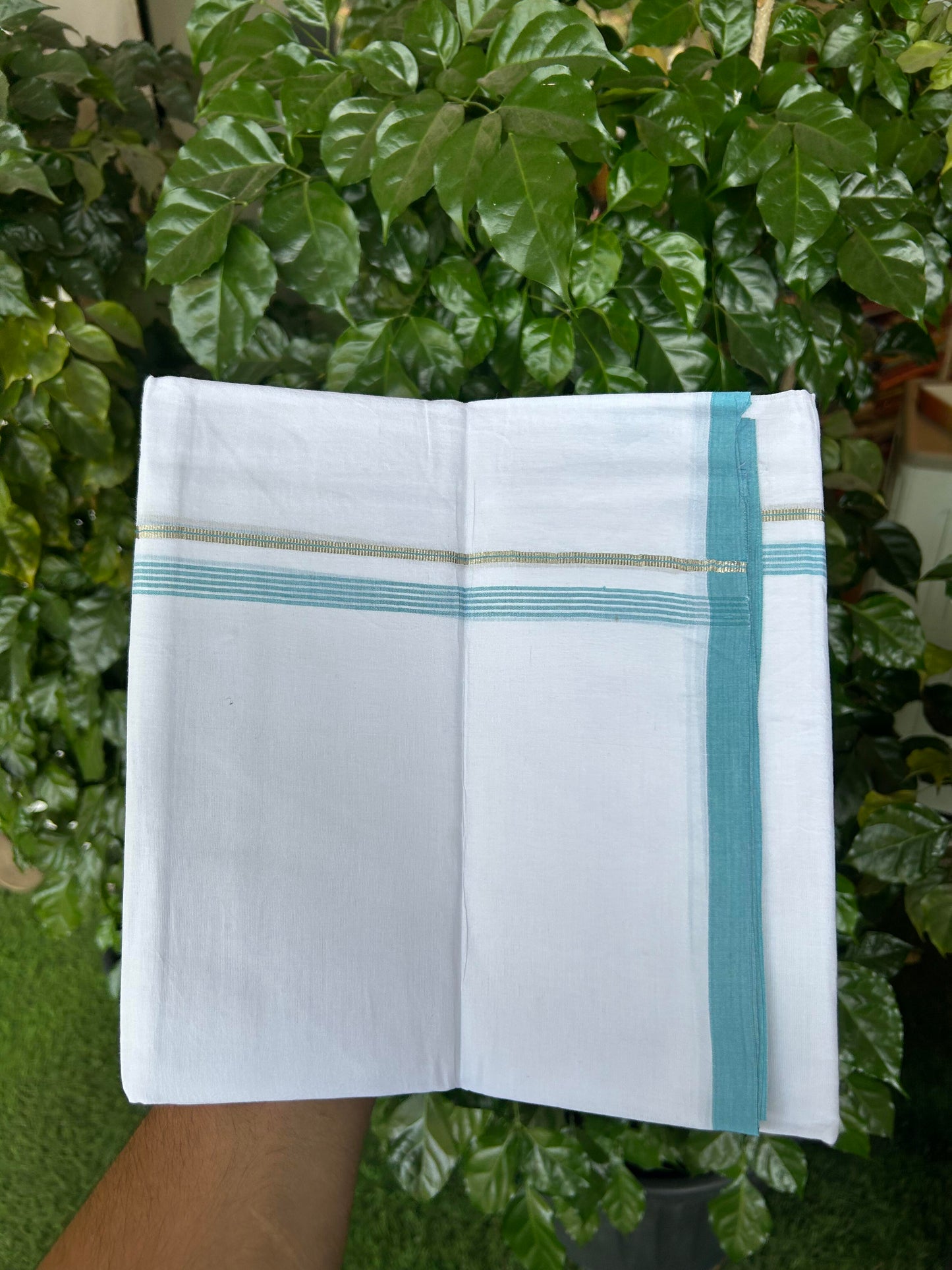 20% Discount ! KaithariKada Balaramapuram 100% Cotton Pure white Double Mundu/Dhoti - 100x80 - 0.5 inch Silver Kasav & Cyan Blue striped Kara Between 3.78 - 3.90 m (8 muzham) - 96 KK5363 VIN