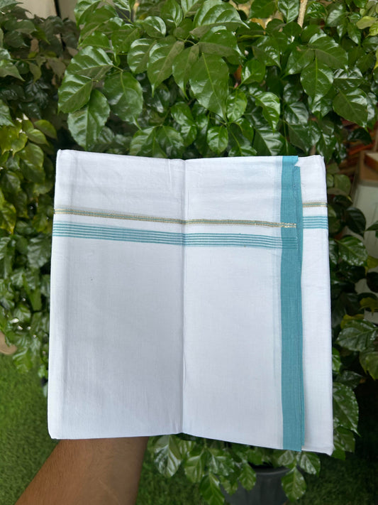 20% Discount ! KaithariKada Balaramapuram 100% Cotton Pure white Double Mundu/Dhoti - 100x80 - 0.5 inch Silver Kasav & Cyan Blue striped Kara Between 3.78 - 3.90 m (8 muzham) - 96 KK5363 VIN