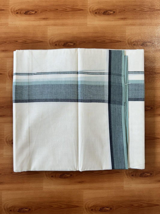 Double Off White (Unbleached) Mundu/Dhoti - 20% Discount! KaithariKada Pure Cotton - 100X80 - 1.5 inch Pista Green & Black Shaded Striped Kara 4 mtr (8.5 Muzham) - 75 KK5452 THI