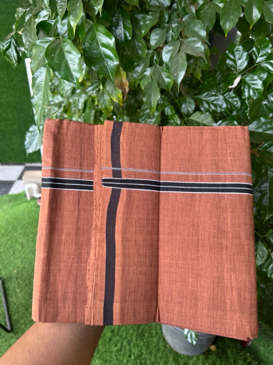10% Discount !! KaithariKada 100% Pure Cotton - HANDLOOM Single Mundu/Dhoti Brown Colour Body & Black 0.5 inch Kara- (2 meter / 4 muzham)- 1 KK8032 ELA