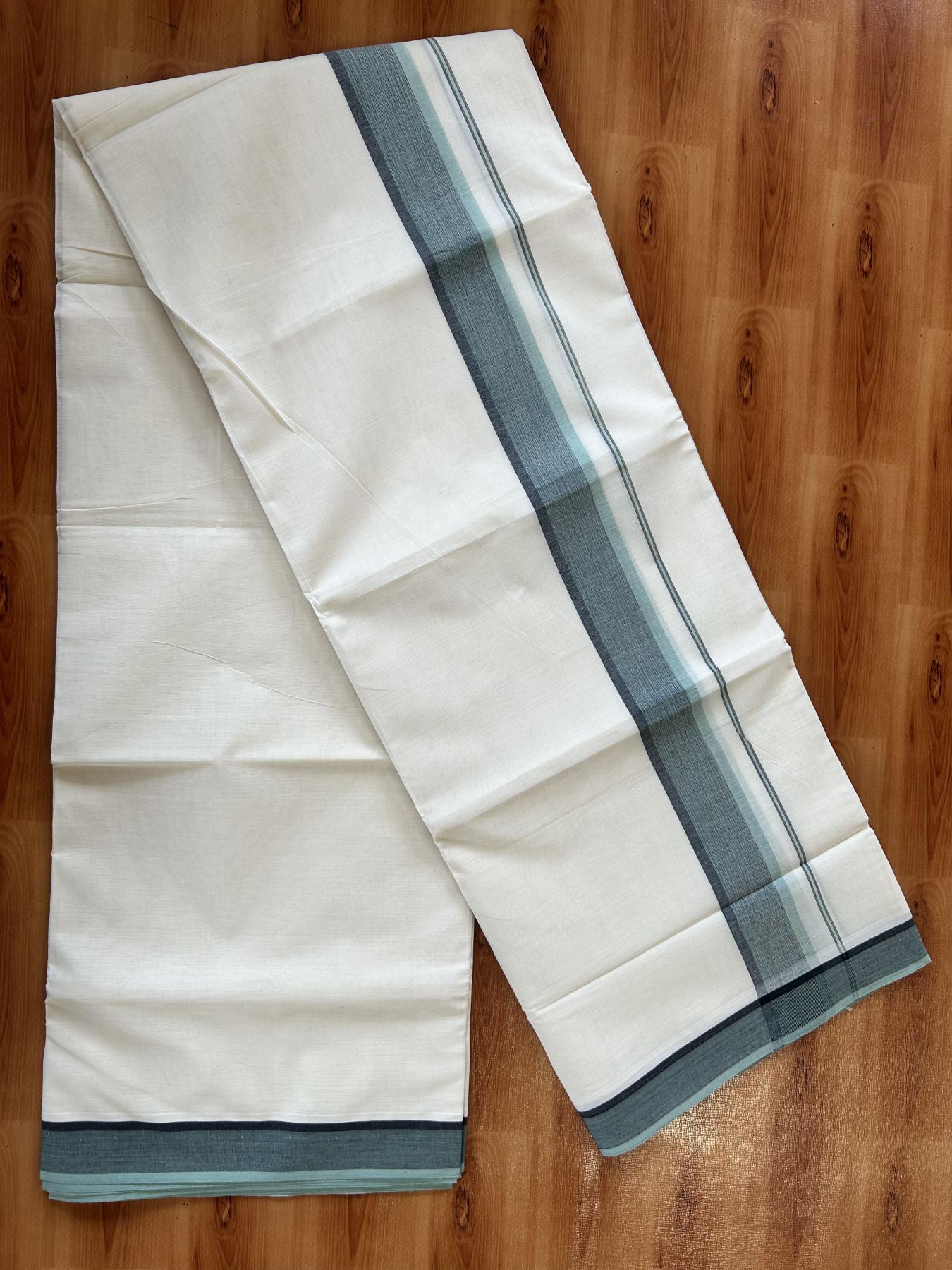 Double Off White (Unbleached) Mundu/Dhoti - 20% Discount! KaithariKada Pure Cotton - 100X80 - 1.5 inch Pista Green & Black Shaded Striped Kara 4 mtr (8.5 Muzham) - 75 KK5452 THI