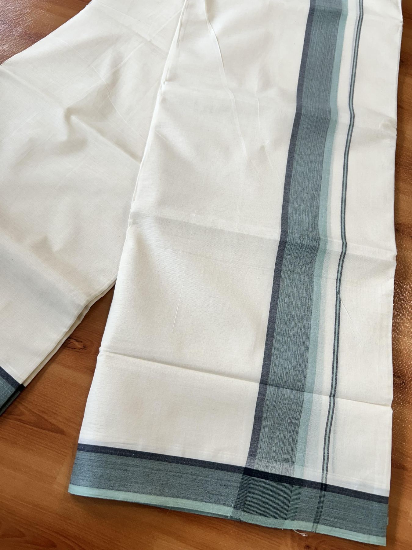 Double Off White (Unbleached) Mundu/Dhoti - 20% Discount! KaithariKada Pure Cotton - 100X80 - 1.5 inch Pista Green & Black Shaded Striped Kara 4 mtr (8.5 Muzham) - 75 KK5452 THI