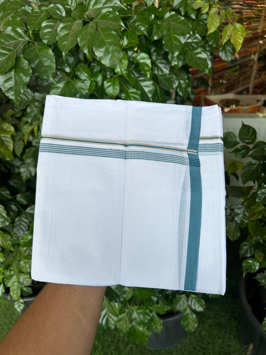 20% Discount ! KaithariKada Balaramapuram 100% Cotton Pure white Double Mundu/Dhoti - 100x80 - 0.5 inch Silver Kasav & Peacock Blue striped Kara Between 3.78 - 3.90 m (8 muzham) - 95 KK5363 VIN