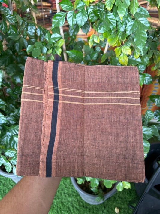 10% Discount !! KaithariKada 100% Pure Cotton - HANDLOOM Single Mundu/Dhoti Dark Brown Shaded Colour Body & Light Brown 0.75 inch Kara- (2 meter / 4 muzham)- 9 KK8032 ELA