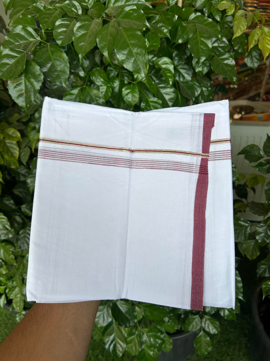 20% Discount ! KaithariKada Balaramapuram 100% Cotton Pure white Double Mundu/Dhoti - 100x80 - 0.5 inch Silver Kasav & Maroon shaded striped Kara Between 3.78 - 3.90 m (8 muzham) - 99 KK5363 VIN