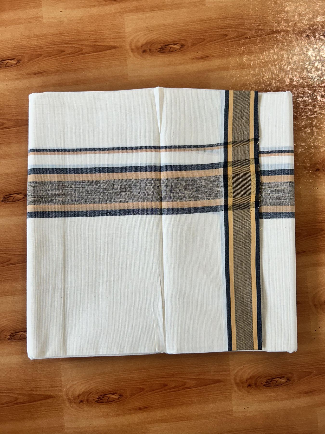 Double Off White (Unbleached) Mundu/Dhoti - 20% Discount! KaithariKada Pure Cotton - 100X80 - 2 inch Light Orange & Black Shaded Striped Kara 4 mtr (8.5 Muzham) - 68 KK5452 THI