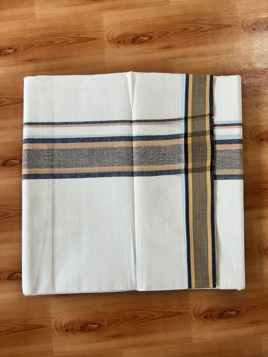 Double Off White (Unbleached) Mundu/Dhoti - 20% Discount! KaithariKada Pure Cotton - 100X80 - 2 inch Light Orange & Black Shaded Striped Kara 4 mtr (8.5 Muzham) - 68 KK5452 THI