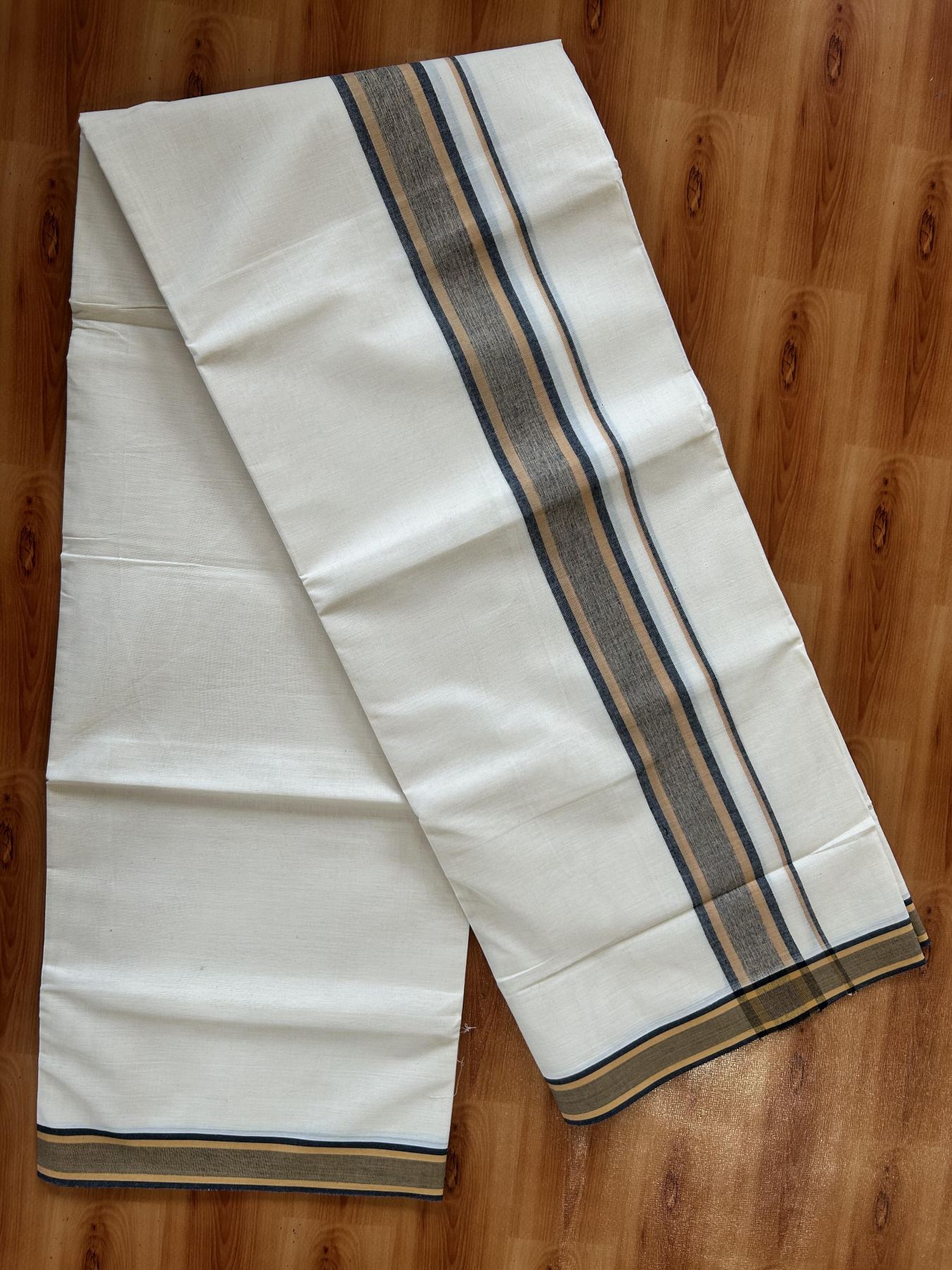 Double Off White (Unbleached) Mundu/Dhoti - 20% Discount! KaithariKada Pure Cotton - 100X80 - 2 inch Light Orange & Black Shaded Striped Kara 4 mtr (8.5 Muzham) - 68 KK5452 THI