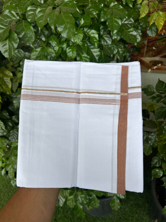 20% Discount ! KaithariKada Balaramapuram 100% Cotton Pure white Double Mundu/Dhoti - 100x80 - 0.5 inch Silver Kasav & Brown shaded striped Kara Between 3.78 - 3.90 m (8 muzham) - 102 KK5363 VIN