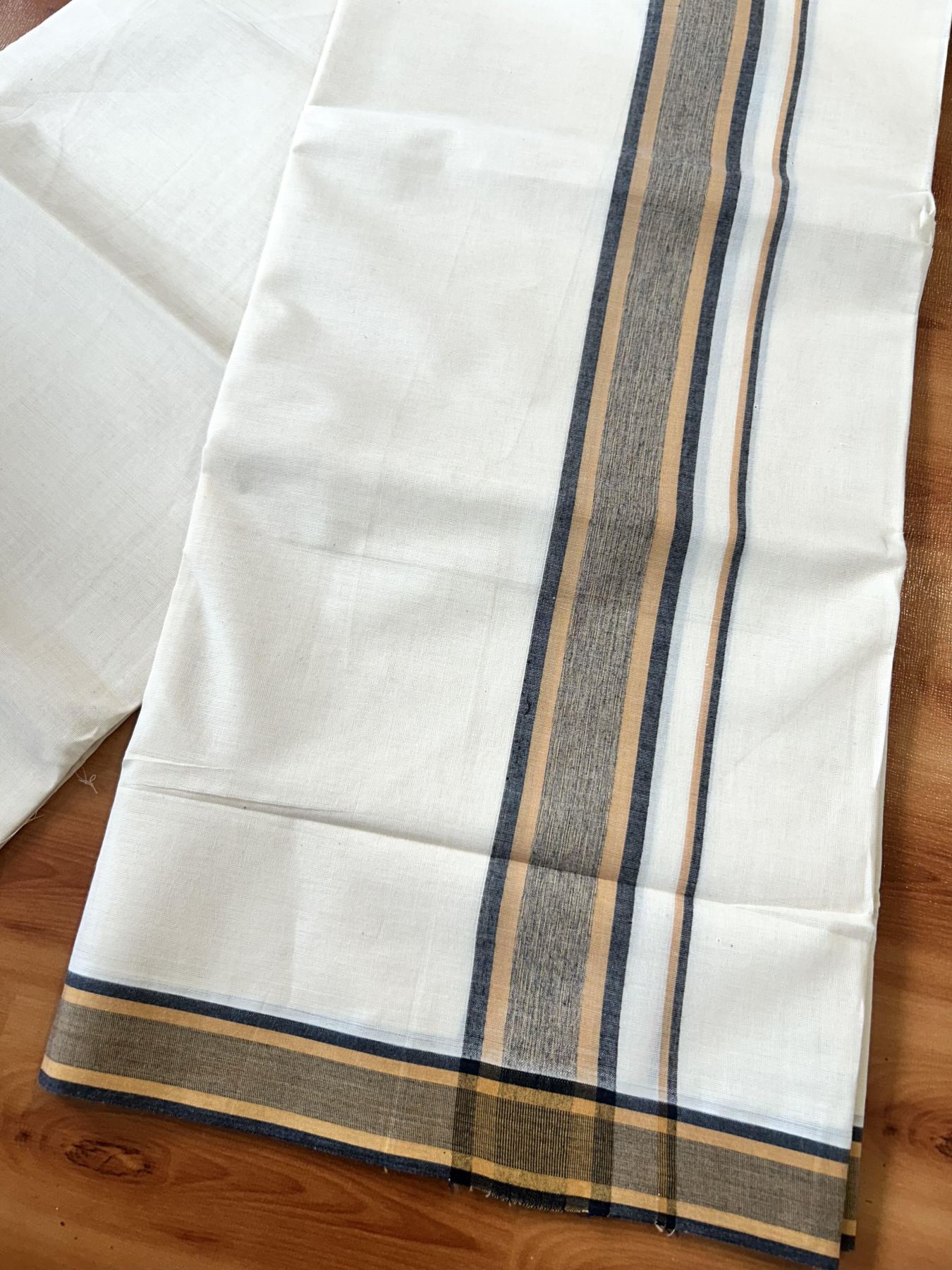 Double Off White (Unbleached) Mundu/Dhoti - 20% Discount! KaithariKada Pure Cotton - 100X80 - 2 inch Light Orange & Black Shaded Striped Kara 4 mtr (8.5 Muzham) - 68 KK5452 THI