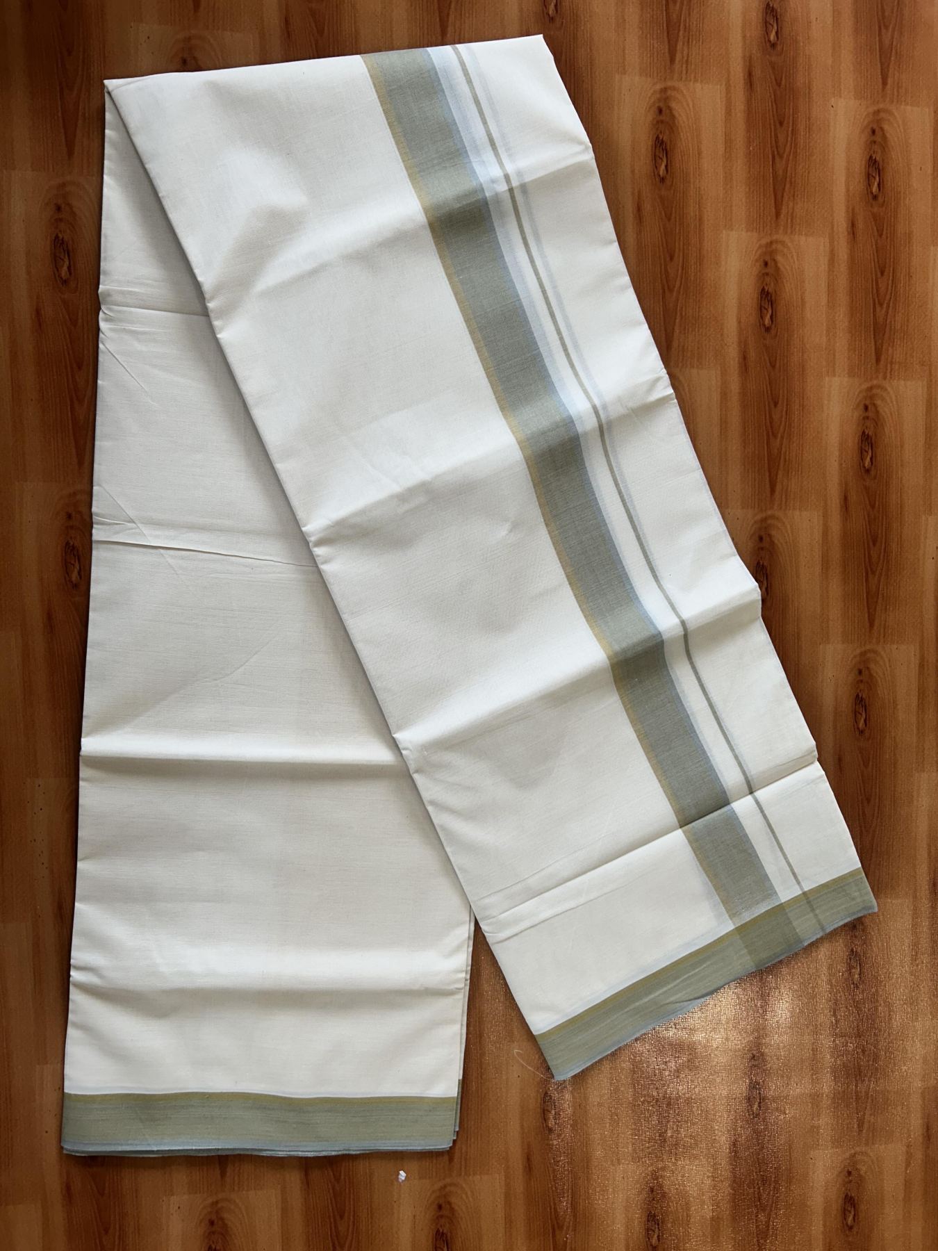Double Off White (Unbleached) Mundu/Dhoti - 20% Discount! KaithariKada Pure Cotton - 100X80 - 1.5 inch Mustard & Grey Shaded Striped Kara 4 mtr (8.5 Muzham) - 76 KK5452 THI