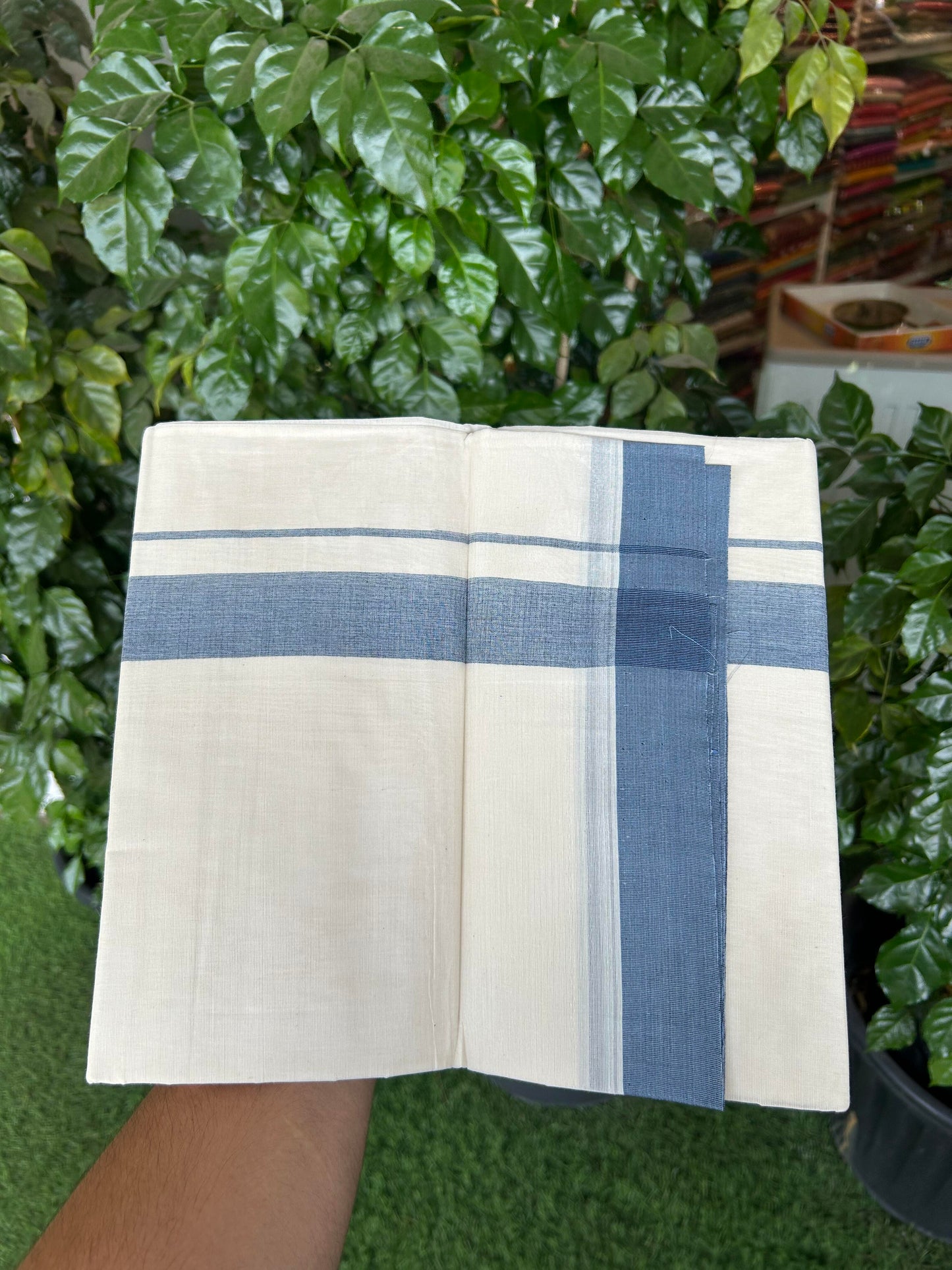 20% Discount ! KaithariKada Balaramapuram 100% Cotton Double Off White (Unbleached) - Mundu / Dhoti- 100x80 -  1.5 inch Black & Blue Shaded Kara 4 mtr (8.5 Muzham) - 1 KK5363 VIN