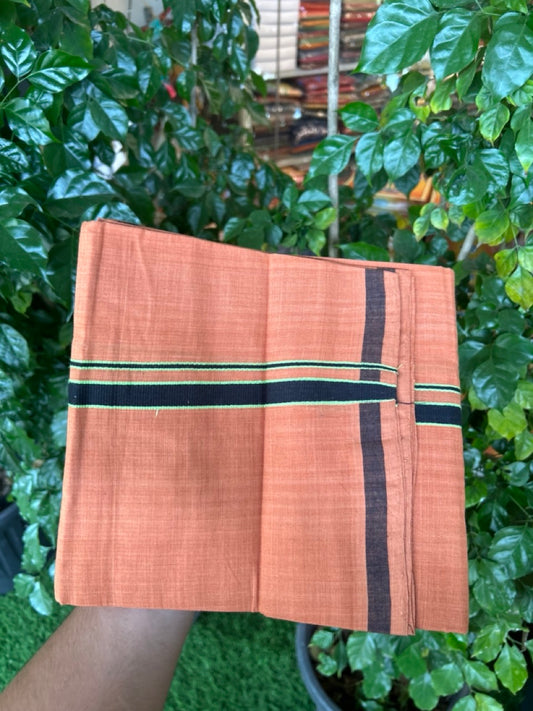 Handloom Single Hallmarked - 10% Discount !! KaithariKada 100% Pure Cotton - Mundu/Dhoti 0.5 inch Black & light green Kara with Kavi colour Body - (2 meter / 4 muzham) - 26 KK8032 ELA