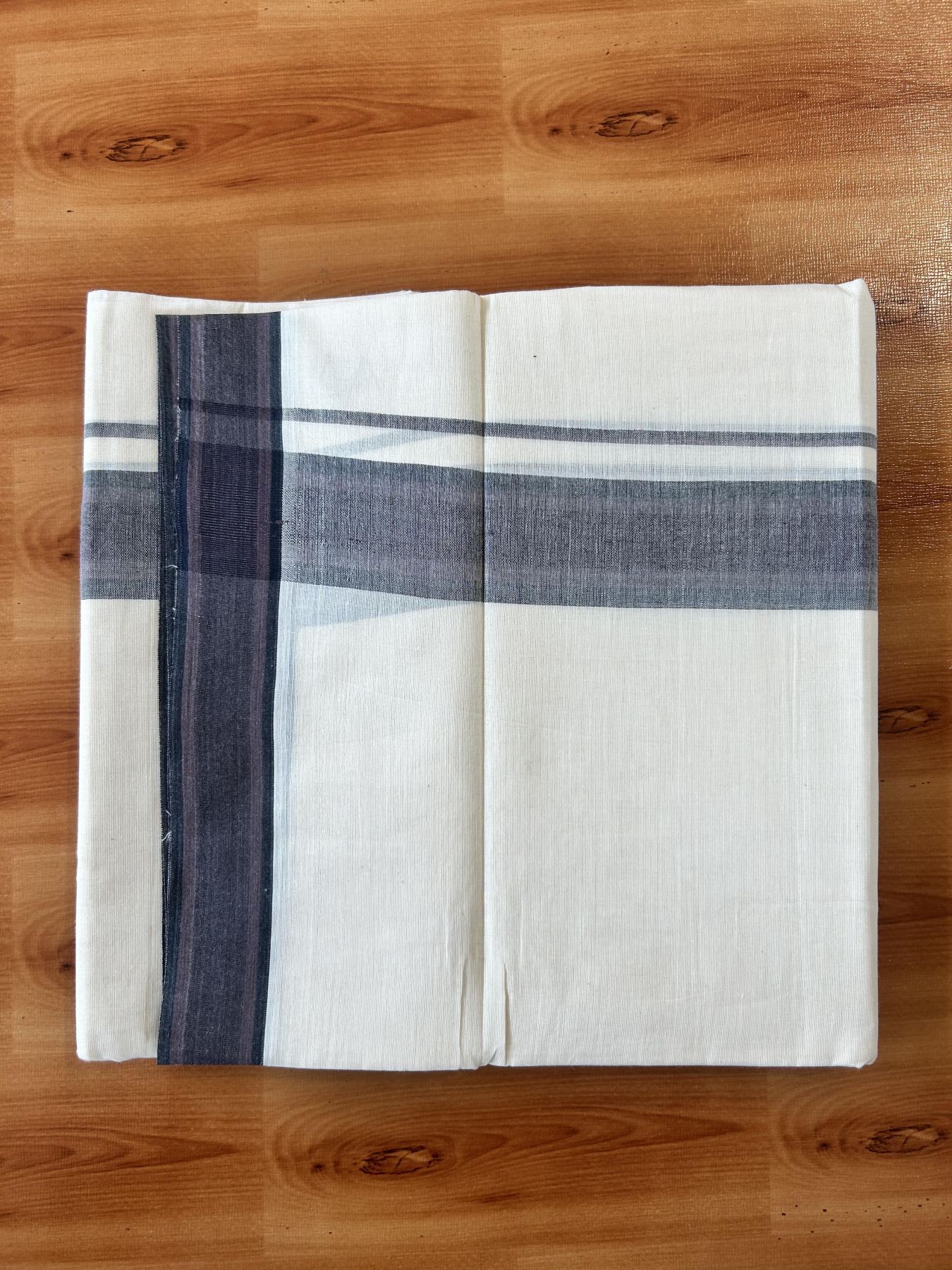 Double Off White (Unbleached) Mundu/Dhoti - 20% Discount! KaithariKada Pure Cotton - 100X80 - 1.5 inch Brown & Black Shaded Striped Kara 4 mtr (8.5 Muzham) - 70 KK5452 THI
