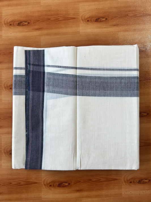 Double Off White (Unbleached) Mundu/Dhoti - 20% Discount! KaithariKada Pure Cotton - 100X80 - 1.5 inch Brown & Black Shaded Striped Kara 4 mtr (8.5 Muzham) - 70 KK5452 THI