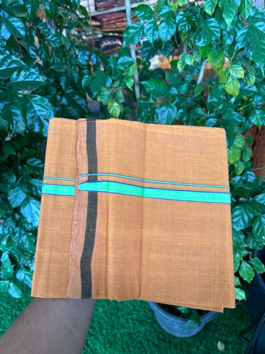 Handloom Single Hallmarked - 10% Discount !! KaithariKada 100% Pure Cotton - Mundu/Dhoti 0.5 inch Light Green & Blue Kara with Kavi colour Body - (2 meter / 4 muzham) - 24 KK8032 ELA