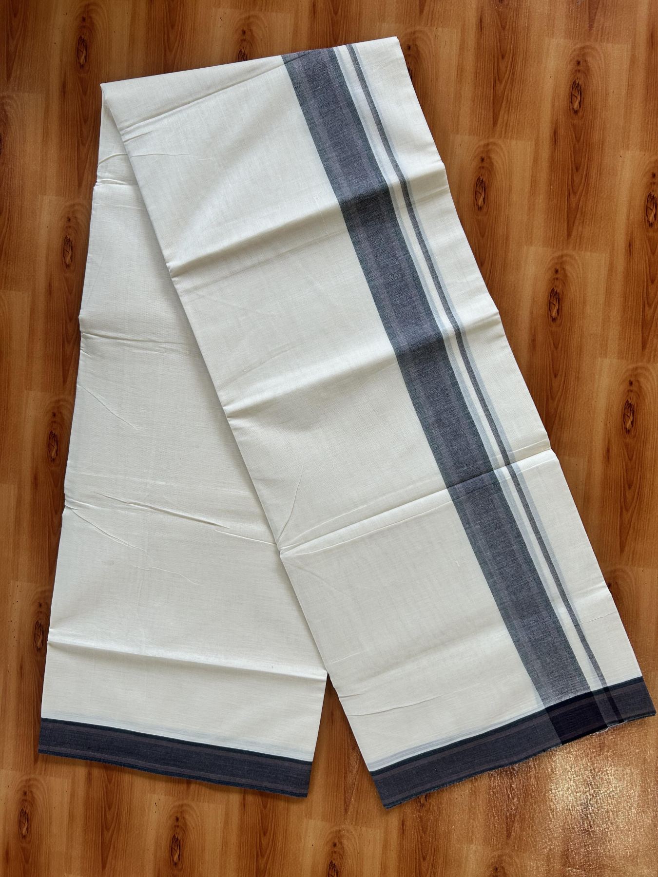 Double Off White (Unbleached) Mundu/Dhoti - 20% Discount! KaithariKada Pure Cotton - 100X80 - 1.5 inch Brown & Black Shaded Striped Kara 4 mtr (8.5 Muzham) - 70 KK5452 THI